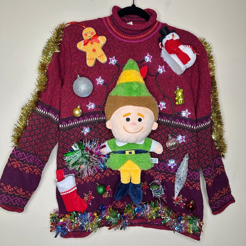 Ugly Christmas Sweater Buddy the Elf LIGHTS UP Tinsel Xmas Party Winner Sz Small
